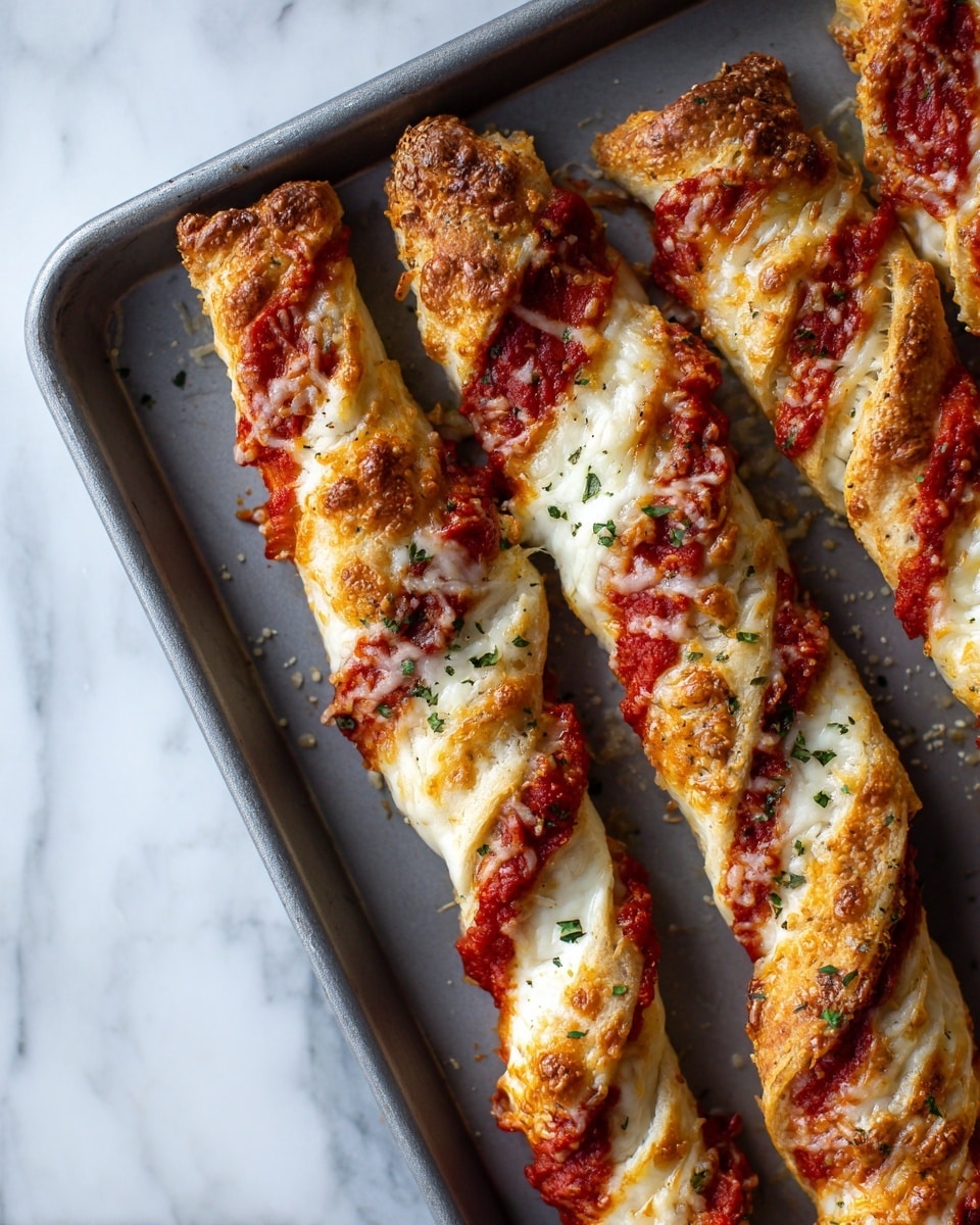 The image shows four candy cane-shaped bread twists placed on a baking tray with a grey surface. Each twist has two visible layers: a golden-brown baked bread layer twisted with a bright red tomato sauce layer. On top of the twists, there are patches of melted white cheese that appear soft and slightly browned in spots. Small green herb sprinkles generously cover the cheese and sauce layers, adding a touch of color. The bread looks crispy on the outside and soft on the inside, forming a festive holiday shape. The background is a white marbled texture. photo taken with an iphone --ar 4:5 --v 7