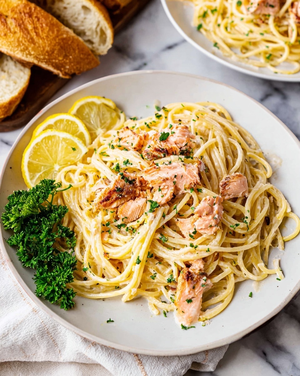 A white plate holds a serving of creamy spaghetti with several small pieces of cooked salmon scattered on top, showing a mix of light pink flesh and browned edges. The pasta is coated in a light sauce and sprinkled with finely chopped green herbs. On the left side of the plate, three thin lemon slices and a small bunch of fresh parsley add color contrast. The plate sits on a white marbled surface with a white cloth napkin under the bottom edge. Two pieces of crusty bread are placed behind the plate, and a second white plate with more spaghetti is partially visible in the upper right corner. photo taken with an iphone --ar 4:5 --v 7