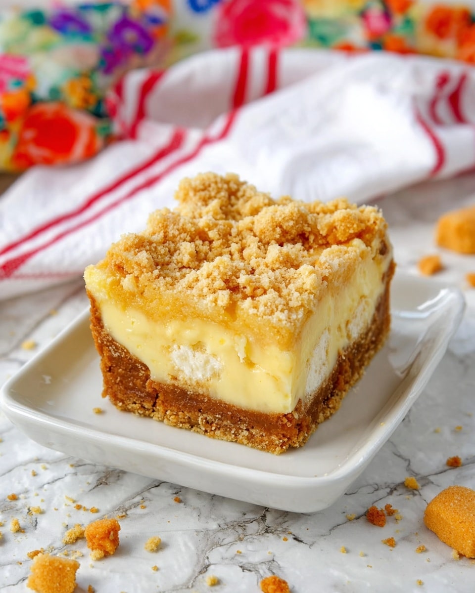The image shows a square piece of crumbly dessert on a white plate, placed on a white marbled surface scattered with small crumbs and orange cookie pieces. The dessert has three layers: a bottom brown crumbly crust, a thick middle pale yellow creamy layer with small white chunks, and a top crumbly, slightly rough golden layer. In the background, a white cloth with red stripes and a colorful floral fabric are softly visible. Photo taken with an iphone --ar 4:5 --v 7