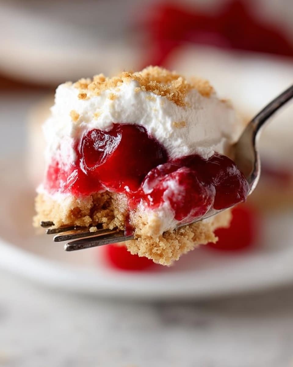 A close-up of a fork holding a layered bite of dessert with three distinct layers: a crumbly light brown crust at the bottom, a glossy bright red cherry filling in the middle with whole cherries, and a fluffy white cream topping sprinkled lightly with crumbs. The background shows part of a white plate with the dessert on a white marbled surface, softly blurred to focus just on the dessert on the fork, photo taken with an iphone --ar 4:5 --v 7