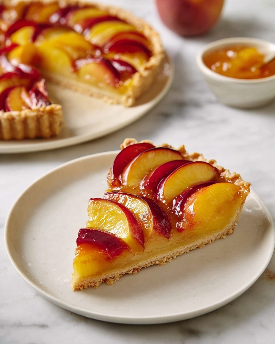 A slice of fruit tart sits on a simple white plate, with three distinct layers visible: a thin and crumbly golden crust at the bottom, a thin spread of glossy amber glaze above it, and neatly fanned slices of ripe yellow and red peaches layered tightly and rising in a gentle arc from the crust. The peach slices have a shiny, slightly sticky surface, showing the glaze catching the light. In the background, part of the whole tart with the same peach arrangement can be seen on a white plate on a white marbled surface, along with a small white bowl containing orange jam. Photo taken with an iphone --ar 4:5 --v 7