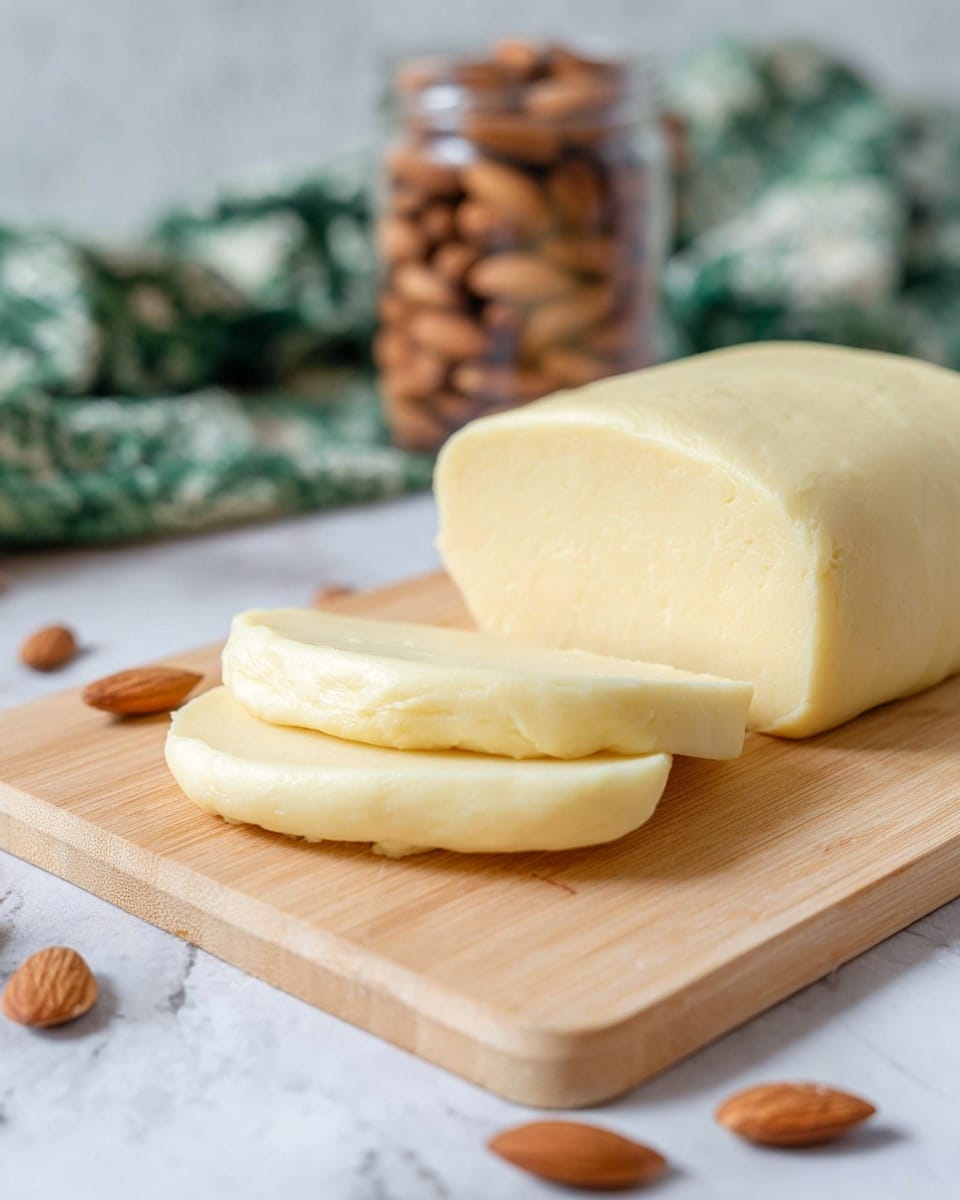 The image shows a block of pale yellow dough placed on a light wooden cutting board with a smooth texture. On the right side of the dough block, there are three thin slices neatly cut and stacked slightly overlapping each other, showing the soft, moist interior of the dough. Around the cutting board, a few whole almonds are scattered randomly, adding a natural brown contrast to the scene. The background features a glass jar filled with whole almonds and a cloth with green and white patterns, all set on a white marbled textured surface. Photo taken with an iphone --ar 4:5 --v 7