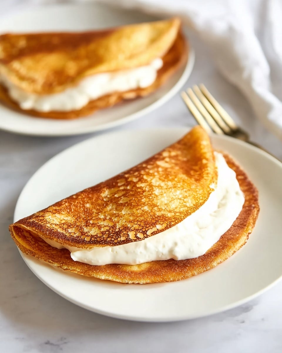 Two golden brown folded pancakes with a textured, slightly crispy surface sit on two white plates. Each pancake is folded in half, covering a thick layer of white creamy filling that peeks out along the curved edge. The pancakes are placed on a white marbled surface with soft natural light. In the background, a blurred fork and white cloth napkin are visible, adding a simple, clean setting. photo taken with an iphone --ar 4:5 --v 7