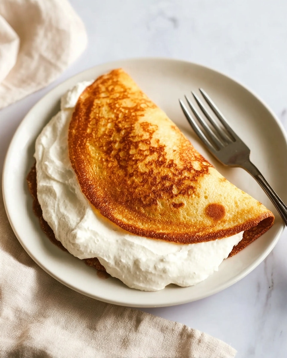 The image shows a white plate with a single thick, golden-brown pancake folded in half. The pancake has a slightly crispy texture with some darker toasted spots on the surface. Inside the fold, there is a large, thick layer of white fluffy cream that spills out on both sides, soft and smooth in texture. The plate sits on a white marbled surface, and a silver fork is visible to the right side of the plate. A light beige cloth is partly visible on the left side of the image. Photo taken with an iphone --ar 4:5 --v 7