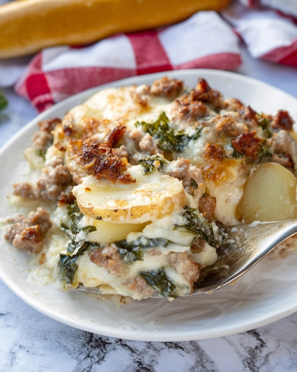 The dish shows a close-up of several layers starting with cooked potato slices at the bottom, golden on the edges and soft white inside. On top, there is a creamy, cheesy layer mixed with browned, crumbled sausage pieces and cooked green leafy vegetables giving a mix of cream, light brown, and dark green colors. There is a silver spoon scooping a portion from the white plate, and in the background, a golden breadstick and a red and white striped cloth can be seen. The surface beneath the plate has a white marbled texture. photo taken with an iphone --ar 4:5 --v 7
