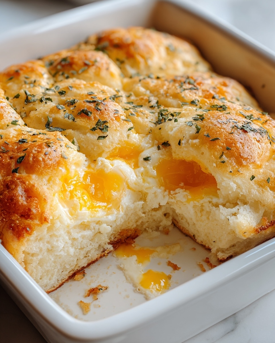 A close-up of a white square ceramic baking dish holding a baked egg bread. The top layer is golden brown with a slightly rough texture, sprinkled with green herbs. Inside, the bread is soft and fluffy, pale beige in color, and cut open to reveal two whole baked eggs with bright yellow yolks and soft white edges snugly nestled inside the center. Small bits of melted cheese or sauce can be seen around the eggs and on the dish. The dish sits on a white marbled surface with soft lighting highlighting the different textures. Photo taken with an iphone --ar 4:5 --v 7