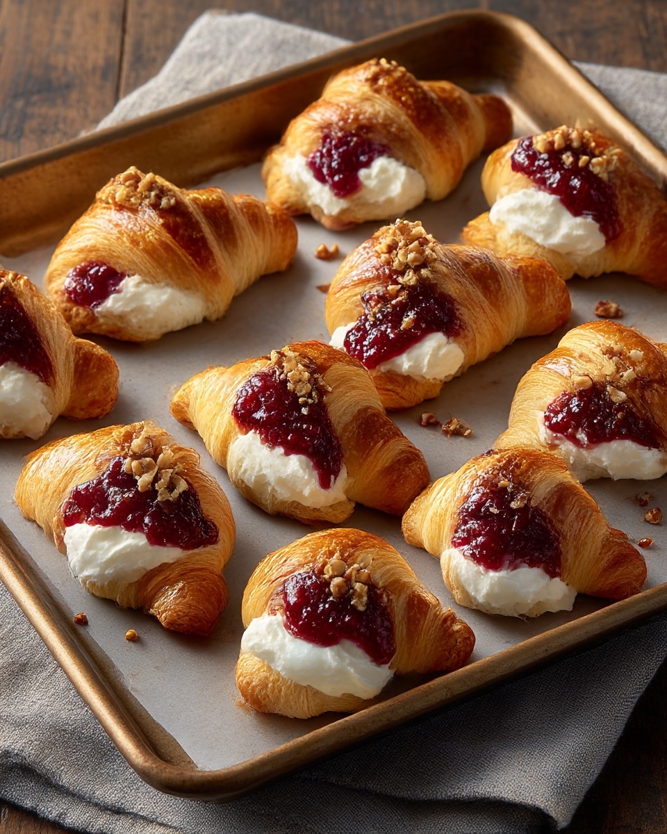 A light brown baking tray holds ten golden croissants, each layered with a fluffy white cream filling in the middle. On top of the cream, there is a thick, deep red berry sauce with a glossy texture, and small pieces of chopped nuts are scattered over the sauce and around the tray. The croissants have a shiny, slightly crisp outside and look soft and flaky inside. The tray rests on a cloth over a wooden table. photo taken with an iphone --ar 4:5 --v 7