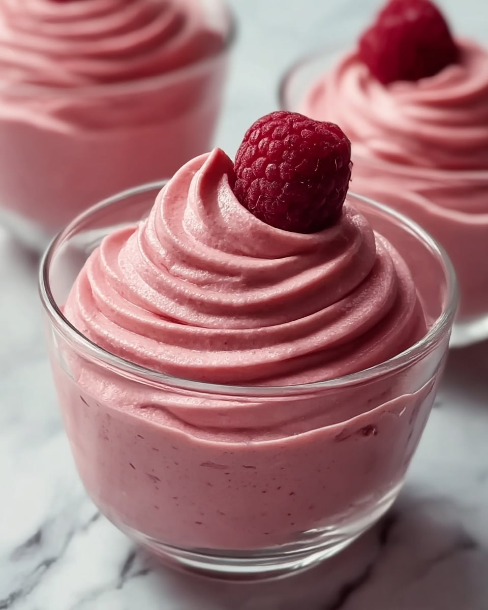 A clear glass cup holds a creamy, thick swirl of pink mousse with a smooth, airy texture. The mousse is piped in layers forming soft, round waves rising to a peak at the center. On top of the mousse sits a single fresh raspberry with a slightly bumpy surface and deep red color. The glass cup rests on a surface with a white marbled texture. In the background, two more similar glass cups with the same pink mousse and raspberry topping are slightly out of focus. photo taken with an iphone --ar 4:5 --v 7