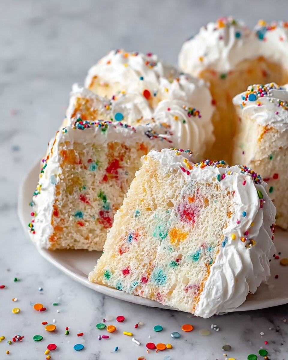 The image shows several slices of white cake with colorful sprinkles inside, placed on a white plate. Each slice has one thick layer of soft cake with a fluffy texture, dotted with red, blue, yellow, green, and orange sprinkles baked into it. The outside of the cake is covered with a thick layer of white whipped cream frosting that is piped around the edges in soft, wavy patterns. More colorful round sprinkles are scattered on top of the frosting and a few are spread around the plate on the white marbled surface. photo taken with an iphone --ar 4:5 --v 7