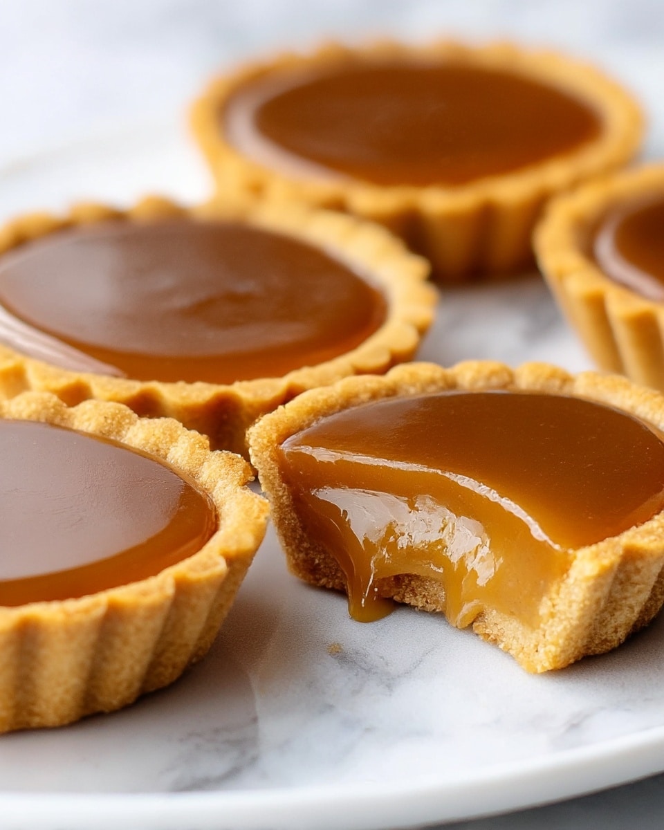 A close-up view of four caramel tarts placed on a white plate, each with a golden brown, crumbly crust with fluted edges forming the base and sides. The filling is a smooth, glossy caramel layer that is thick and shiny, with one tart showing a bite taken out of it, revealing the soft and creamy texture of the caramel inside. The surface catching light reflections to enhance the glossy look, all set against a white marbled background. photo taken with an iphone --ar 4:5 --v 7