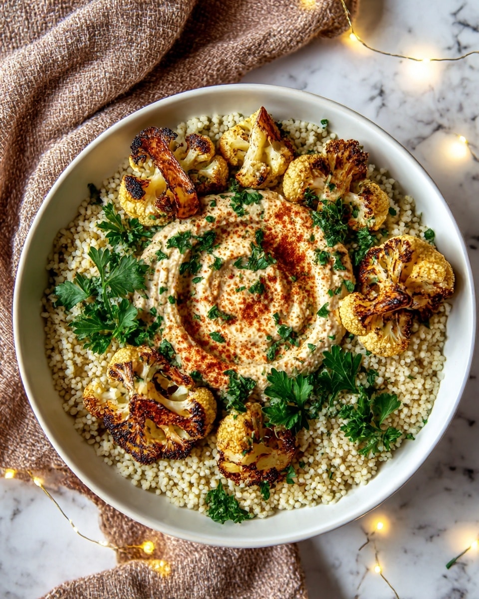 A white bowl filled with a base layer of small, pale couscous grains. On top, there are several roasted cauliflower florets with a golden brown, slightly charred texture. In the center, there is a swirl of creamy, light beige hummus, sprinkled with green parsley leaves and a dusting of red paprika powder. More parsley leaves are scattered on the cauliflower and couscous, creating a fresh contrast. The bowl sits on a white marbled surface with a textured brown cloth and soft yellow fairy lights around it. photo taken with an iphone --ar 4:5 --v 7