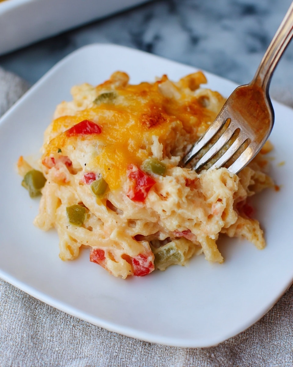 A close-up image shows a square white plate with a small portion of baked pasta casserole. The dish has multiple layers, starting with a creamy, light beige base, followed by scattered pieces of green and red diced vegetables, and topped with melted golden-yellow cheese that is slightly browned in spots. A fork is pressing slightly into the casserole from the top right, showing the soft and gooey texture of the dish. The plate sits on a white marbled surface with a hint of a textured cloth underneath. Photo taken with an iphone --ar 4:5 --v 7