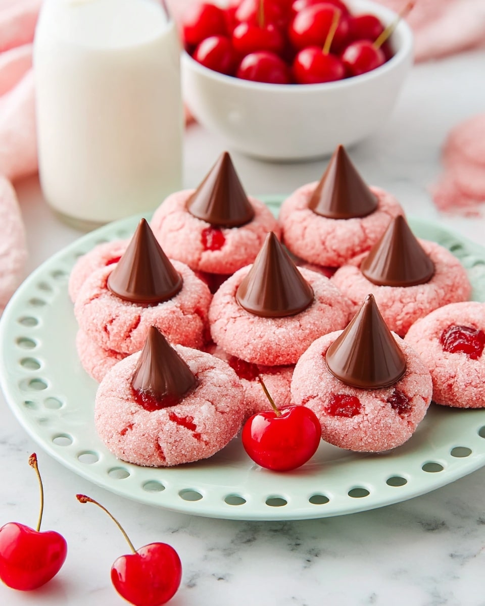 The image shows a group of pink cookies arranged on a white plate with a light green tint and decorative holes around the edge. Each cookie has a rough, sugar-coated texture with small red cherry pieces baked inside. On top of each cookie is a smooth, cone-shaped milk chocolate piece placed in the center. Three whole red cherries with stems are scattered on the white marbled surface around the plate, along with four cookies placed beside the plate. The background includes a tall glass of milk and a white bowl filled with more cherries. The overall setup is on a white marbled surface with a soft, bright lighting. Photo taken with an iphone --ar 4:5 --v 7