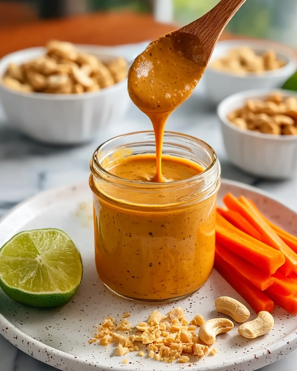 A clear glass jar filled with smooth, thick orange peanut sauce with tiny dark specks, placed on a white plate with speckles. A wooden spoon holds some of the sauce above the jar, showing its creamy texture dripping slowly. On the plate, beside the jar, are several thin bright orange carrot sticks stacked together, a quarter slice of light green lime, a small pile of whole light beige cashew nuts, and some crushed cashew pieces scattered nearby. In the blurry background, two white bowls filled with peanuts and cashews sit on a white marbled surface. photo taken with an iphone --ar 4:5 --v 7