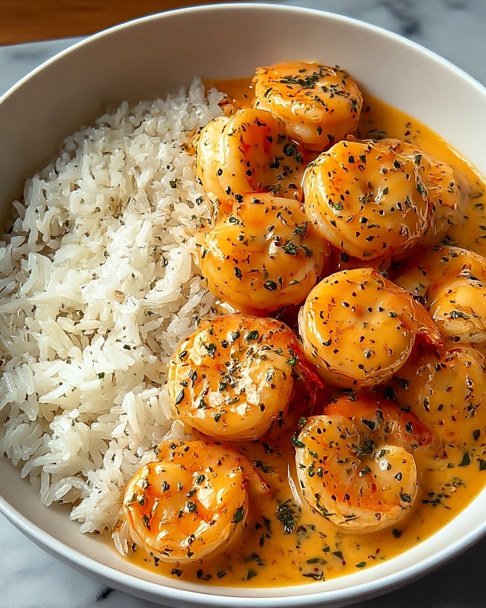 A white bowl holds two main layers: the bottom layer is fluffy, cooked white rice with visible grains, covering half of the bowl from left to center; the top layer consists of several cooked shrimp coated in a glossy, creamy orange sauce with specks of black pepper and small green herb pieces sprinkled over, concentrating on the right half of the bowl, with some shrimp slightly overlapping the rice. The shrimp are plump, juicy, and show a slight char, while the sauce pools around them. The bowl sits on a white marbled surface. photo taken with an iphone --ar 4:5 --v 7