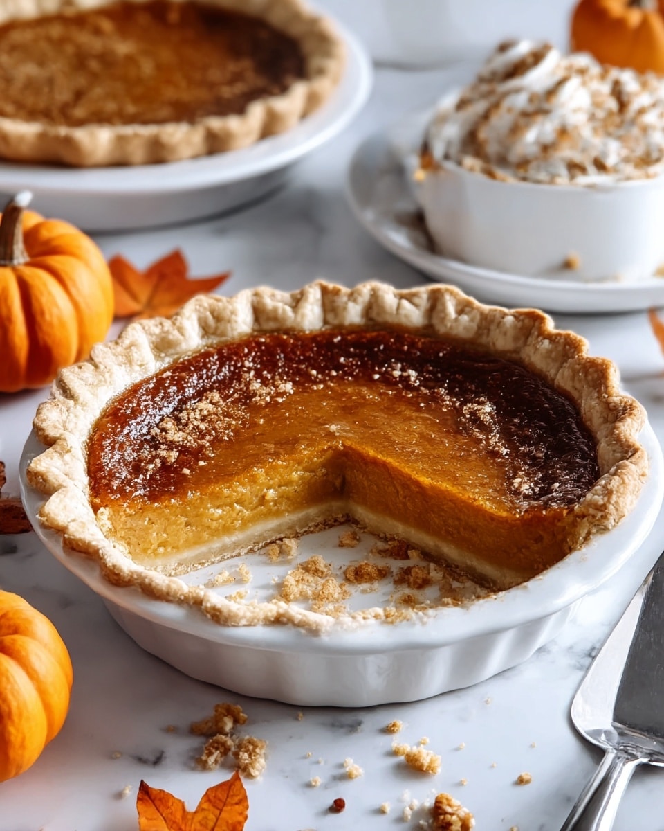 A small pumpkin pie is shown on a white plate with a slice already taken out from the front right side. The pie has a golden brown, textured filling with a darker, slightly burnt top layer and a flaky, wavy light beige crust around the edges. Inside the slice, the filling is smooth and thick with a warm orange color. Crumbs and small pieces of nuts are scattered inside the empty section and on the white marbled surface around the plate. In the background, there is part of another pumpkin pie with a similar crust and filling in a white plate, some small orange autumn leaves, a small pumpkin at the bottom left, and part of a white bowl with a dessert topped with whipped cream and nut crumbs. A silver pie server is visible on the right side on the white marbled surface. photo taken with an iphone --ar 4:5 --v 7