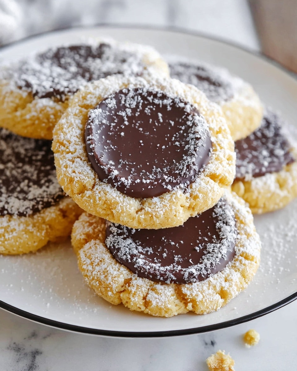 A close-up view of several cookies stacked on a white plate with a thin black rim, placed on a white marbled surface. Each cookie has a thick golden-brown base with a crumbly texture, topped with a smooth dark brown chocolate disc in the center. Both the cookie base and chocolate topping are dusted with white powdered sugar. Some cookie edges are slightly cracked, and crumbs are scattered lightly around the plate photo taken with an iphone --ar 4:5 --v 7