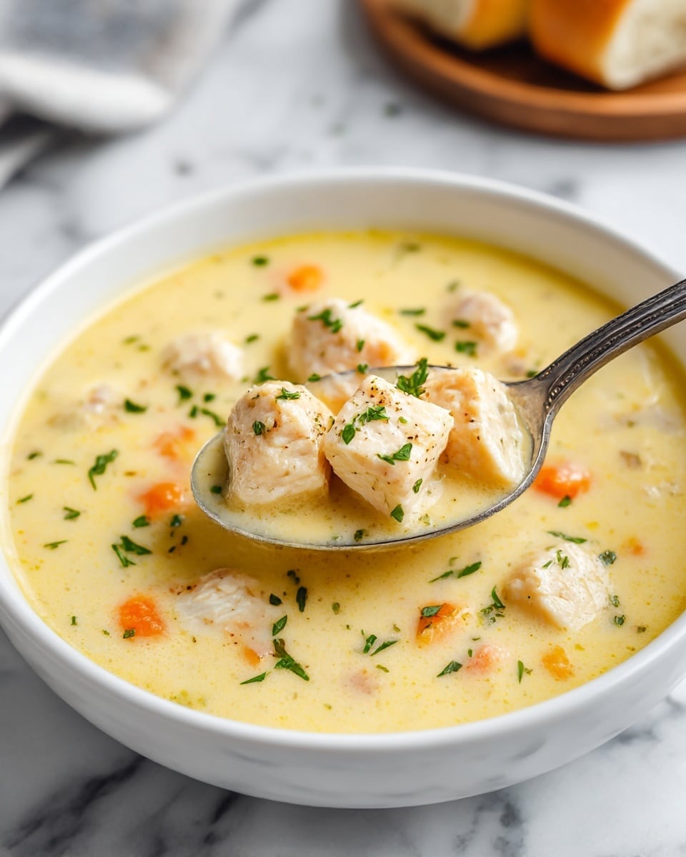 A white bowl filled with creamy yellow chowder soup, with visible small orange and white chunks mixed in the smooth base. On top, there are several pieces of white cooked chicken scattered with green herb leaves. A silver spoon rests inside the bowl, holding a cluster of these chicken pieces, with tiny herb leaves sprinkled over them. In the blurred background on the white marbled surface, part of a wooden plate with a bread roll is slightly visible. Photo taken with an iphone --ar 4:5 --v 7