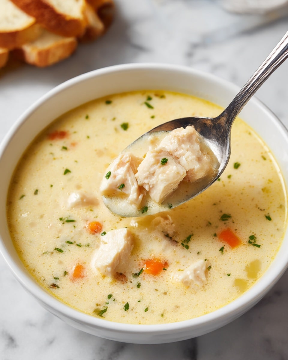 A white bowl filled with creamy, light yellow chicken soup sits on a white marbled surface. The soup has chunks of cooked chicken that are pale with light browning, scattered with small green herb pieces. There are tiny bits of orange carrots and a few smaller pieces of chicken in the soup. A silver spoon is dipping into the bowl, lifting several pieces of chicken gently. In the blurred background, part of a wooden board with sliced bread is visible. Photo taken with an iphone --ar 4:5 --v 7