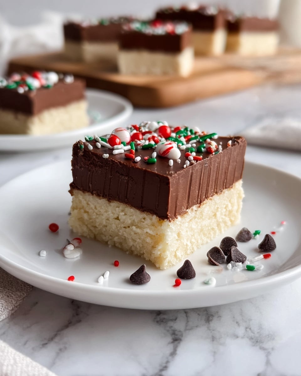 A close-up of a two-layer dessert square on a white plate, set on a white marbled surface. The bottom layer is a thick, crumbly pale vanilla base with a soft texture. Above it, a thick, smooth dark chocolate layer with visible creamy ridges from slicing stands tall. The top of the chocolate layer is decorated with small festive candy sprinkles in red, green, white, and tiny dark chocolate chips scattered around the plate. In the background, more dessert pieces rest on a white plate and a wooden cutting board is visible out of focus. Photo taken with an iphone --ar 4:5 --v 7