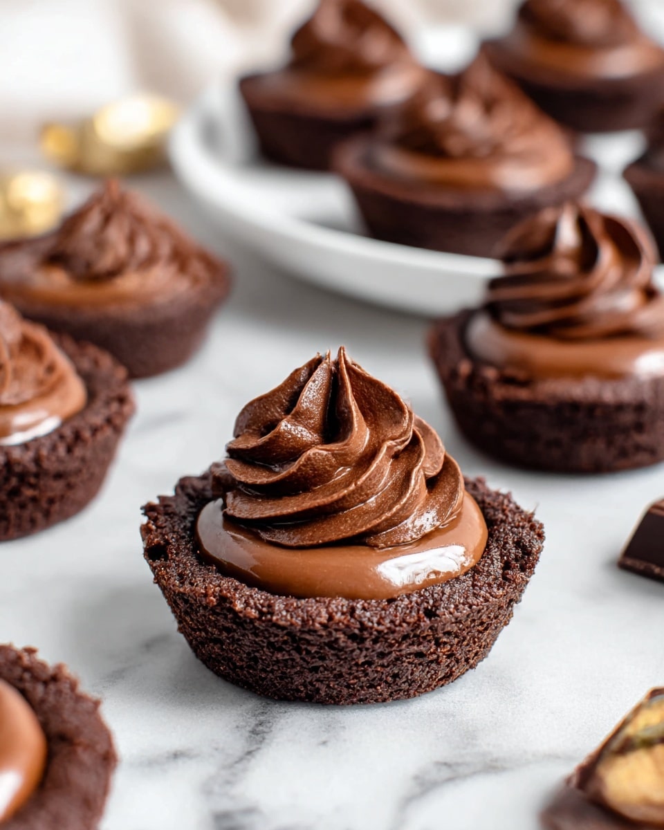 A close-up of a woman's hand holding a small chocolate brownie cup with three visible layers: a dark brown dense brownie base at the bottom, a shiny light caramel layer in the middle, and a thick, swirled dark chocolate frosting on top with a peak. In the background, several similar brownie cups with swirled frosting are placed on a white plate on a white marbled surface with scattered chocolate chips around. The lighting highlights the glossy texture of the chocolate frosting and the moist crumb of the brownie. photo taken with an iphone --ar 4:5 --v 7