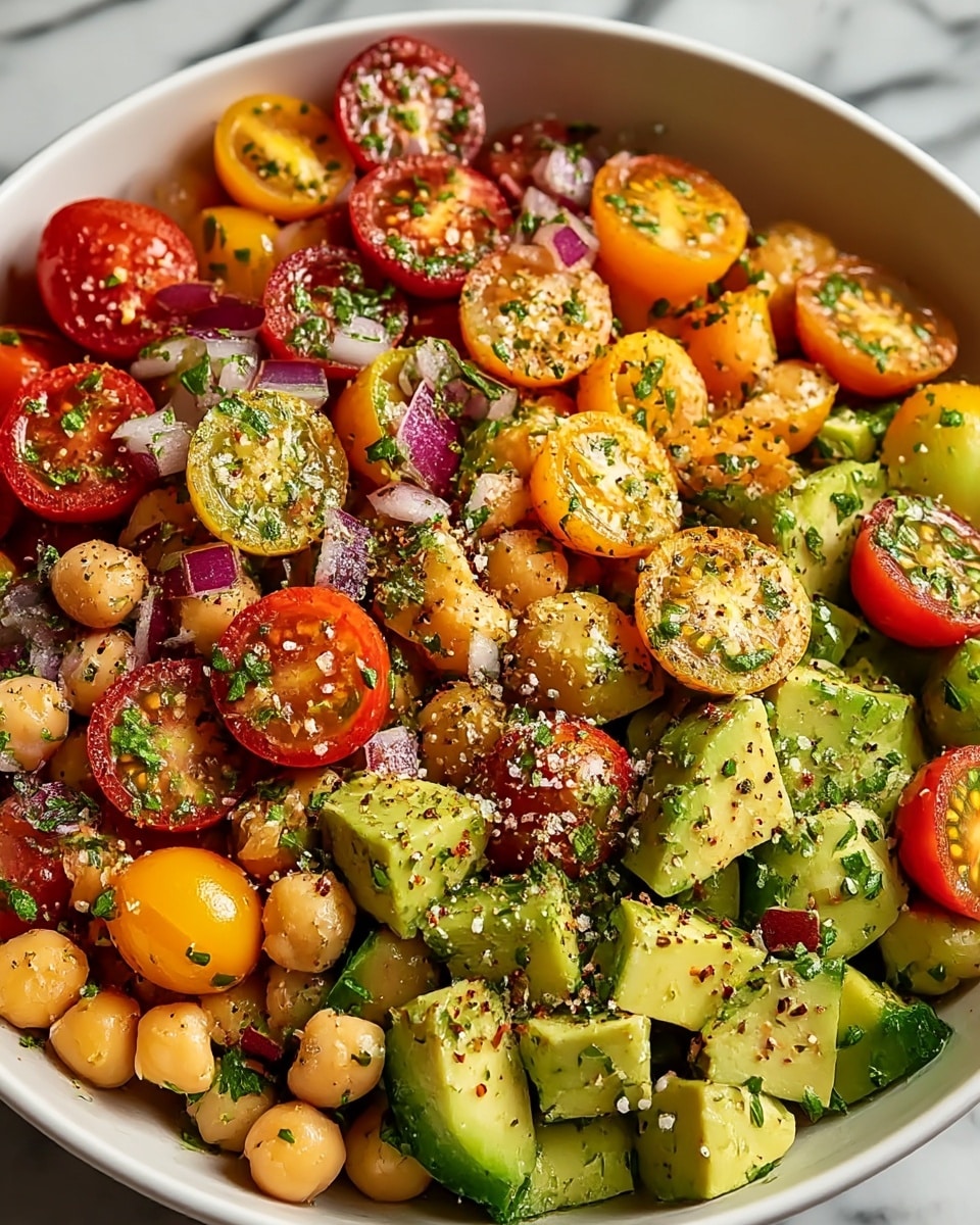 A close-up view of a fresh salad in a white bowl, showing roughly three main layers: a base layer of light brown chickpeas, a middle layer of bright green avocado chunks and cucumber slices, and a top layer of halved red and yellow cherry tomatoes mixed with finely chopped red onions and green herbs, all sprinkled evenly with coarse salt and black pepper flakes, set on a white marbled surface. photo taken with an iphone --ar 4:5 --v 7