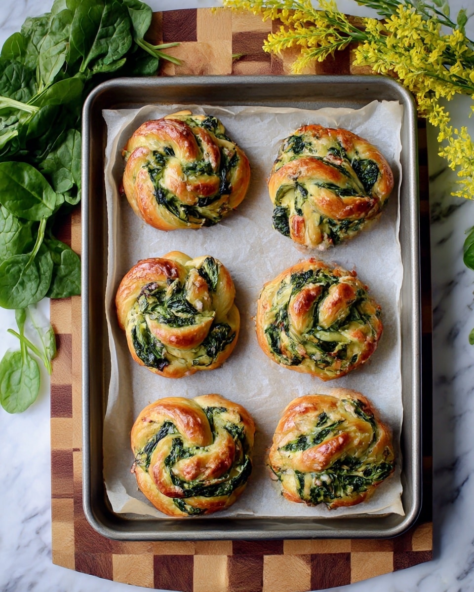The image shows six twisted pastry buns placed on crumpled parchment paper over a white marbled surface. Each bun consists of multiple layers of golden-brown, flaky dough intertwined with green leafy spinach filling mixed with cheese. The twisted shape reveals alternating swirls of light brown crust and vibrant green filling, with some darker spots from baking. The buns are shiny, indicating a glaze on the surface, and their texture looks soft inside with a crispy outer edge. In the top background, small yellow flowers add a fresh touch to the scene. Photo taken with an iphone --ar 4:5 --v 7