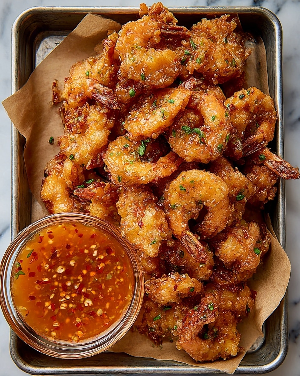 A metal tray lined with brown paper contains a large pile of golden-brown fried shrimp, each piece crispy with a rough texture and sprinkled with small green herb bits and red chili flakes. The shrimp have a light glaze giving them a shiny look. In the bottom left corner of the tray, there is a clear glass bowl filled with an orange-colored dipping sauce that has visible bits of chili flakes floating in it. The tray is set on a white marbled surface. photo taken with an iphone --ar 4:5 --v 7