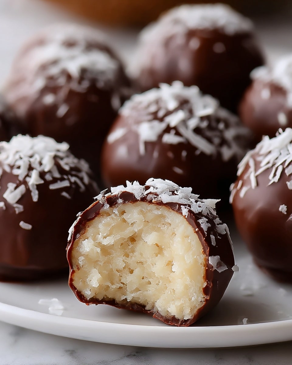 A close-up image of round chocolate-covered coconut balls arranged on a white plate over a white marbled texture. The balls have a smooth, dark brown outer chocolate layer sprinkled with white shredded coconut. One ball is bitten, revealing a dense, creamy, light beige inner coconut filling with a slightly grainy texture. The focus is sharp on the bitten ball in the foreground, highlighting its moist interior and glossy chocolate coating, while the other balls fade gently out of focus in the background. Photo taken with an iphone --ar 4:5 --v 7