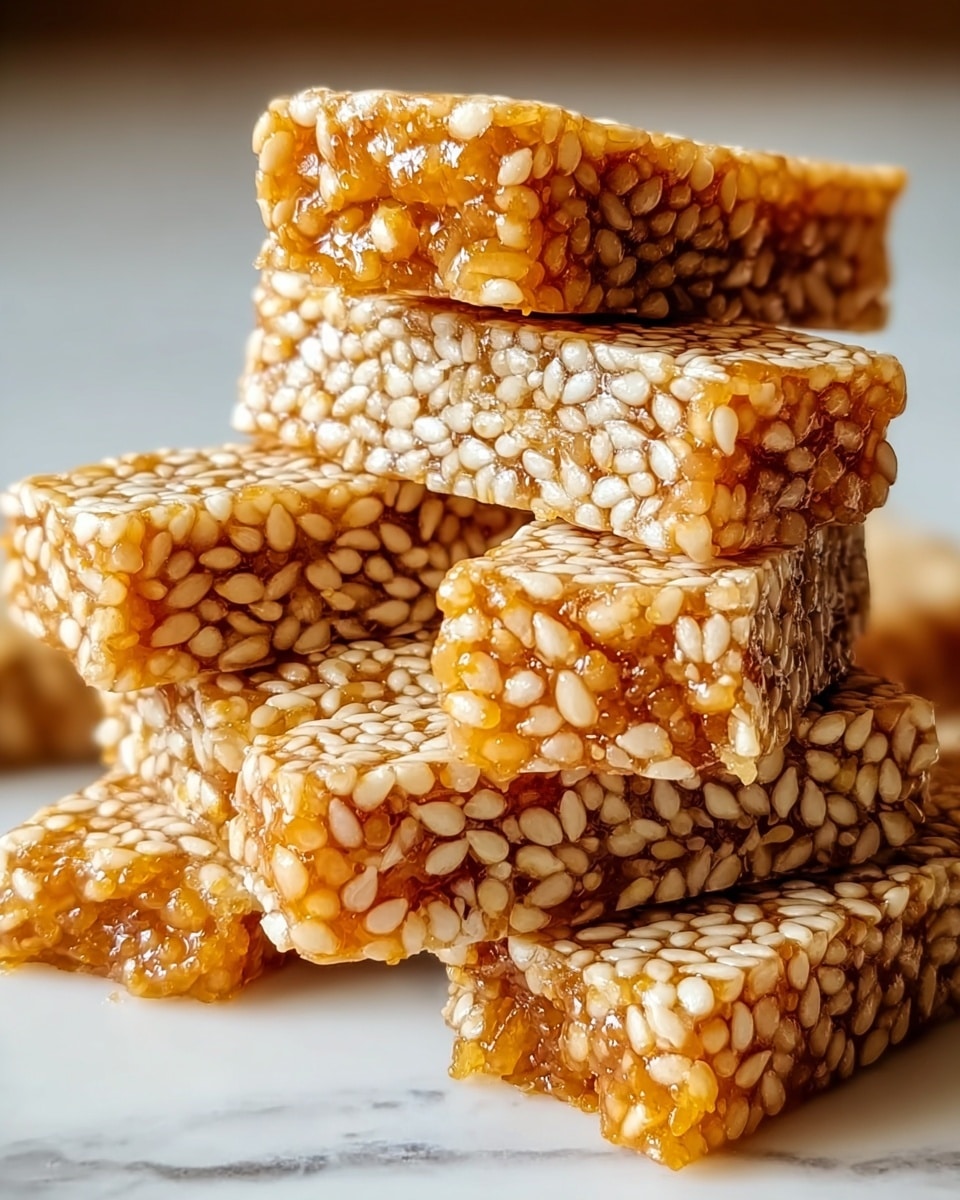 A close-up view of a stack of six sesame seed bars arranged unevenly, with three bars at the base, two in the middle, and one on top. Each bar shows tightly packed white sesame seeds coated in a shiny, amber-colored syrup, creating a glossy texture. The edges are clean and rectangular, and the bars have a slightly translucent golden background visible through the seeds. The stack is placed on a white marbled surface with soft lighting highlighting the syrup's gloss and the bars' dense texture. photo taken with an iphone --ar 4:5 --v 7
