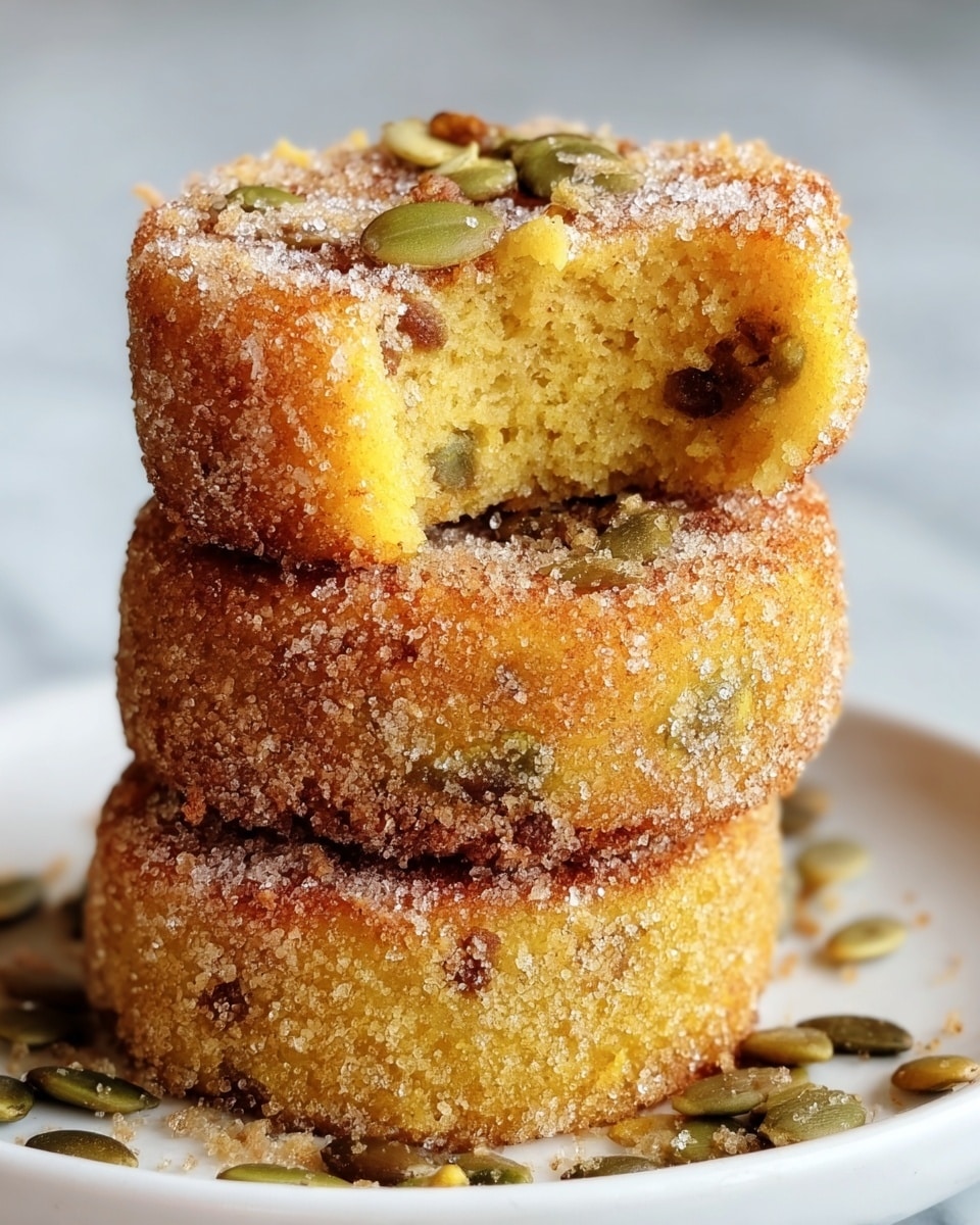 A stack of three round, golden-yellow cakes with a crispy, sugary coating on the outside. Each cake has small green and brown bits inside, likely seeds or nuts, giving a textured look. The top cake has a bite taken out of it, revealing a soft, moist interior. The cakes are placed on a white plate with some scattered pumpkin seeds around. The background is a white marbled texture. photo taken with an iphone --ar 4:5 --v 7