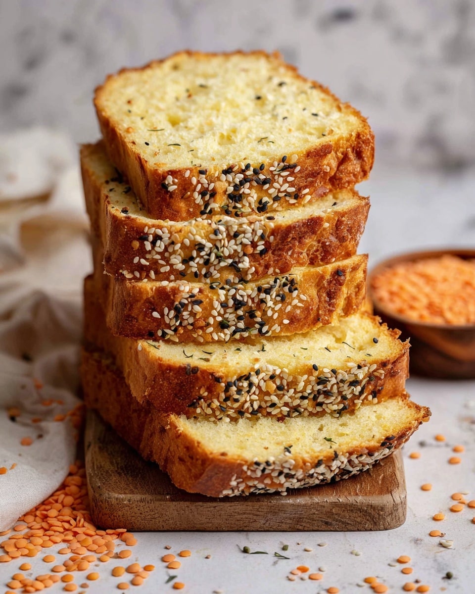 The image shows four thick slices of bread stacked slightly unevenly on a wooden board. The bread has a golden-brown crust with white and black sesame seeds sprinkled on top. The inside of the bread is a light yellow color with a soft, crumbly texture. Around the bread are scattered small orange lentils and a small wooden bowl filled with more lentils in the blurred background. The surface beneath everything is a white marbled texture. photo taken with an iphone --ar 4:5 --v 7