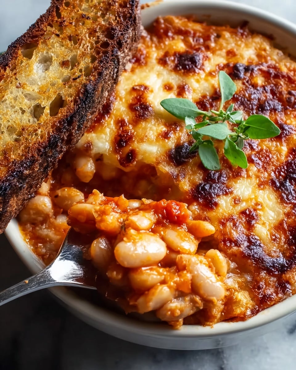 A close-up shows a white bowl filled with baked beans covered by a thick, bubbly cheese layer that is golden brown with darker burnt spots on top, giving a crispy texture. Underneath the cheese, you see white beans in a rich, reddish-orange tomato sauce. A small fresh green herb sprig is placed on top for color. To the side, a piece of toasted bread with browned edges leans against the bowl, while a silver fork holds a scoop of the beans and cheese mix. The whole scene is set on a white marbled surface. photo taken with an iphone --ar 4:5 --v 7