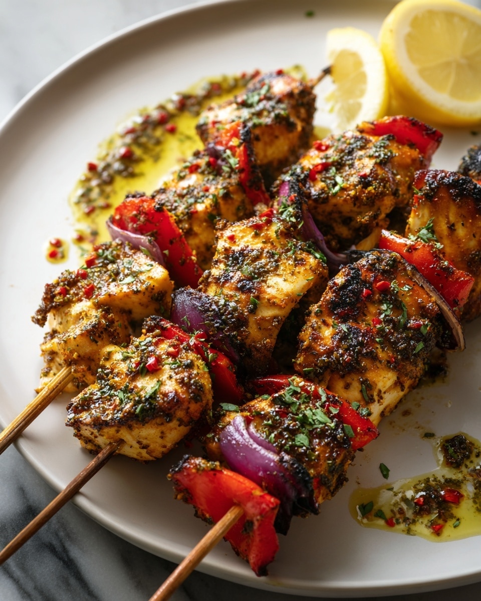 Two wooden skewers hold grilled chicken pieces that are golden with charred spices and herbs, alternating with bright red bell pepper chunks and slightly charred purple onion segments. The skewers rest on a white plate, with a drizzle of greenish-yellow sauce mixed with red chili flakes and chopped herbs spread on one side. In the back, two lemon wedges add a light yellow contrast, all placed on a white marbled surface. The texture of the chicken is juicy and slightly crispy, while the vegetables add pops of color and freshness. photo taken with an iphone --ar 4:5 --v 7