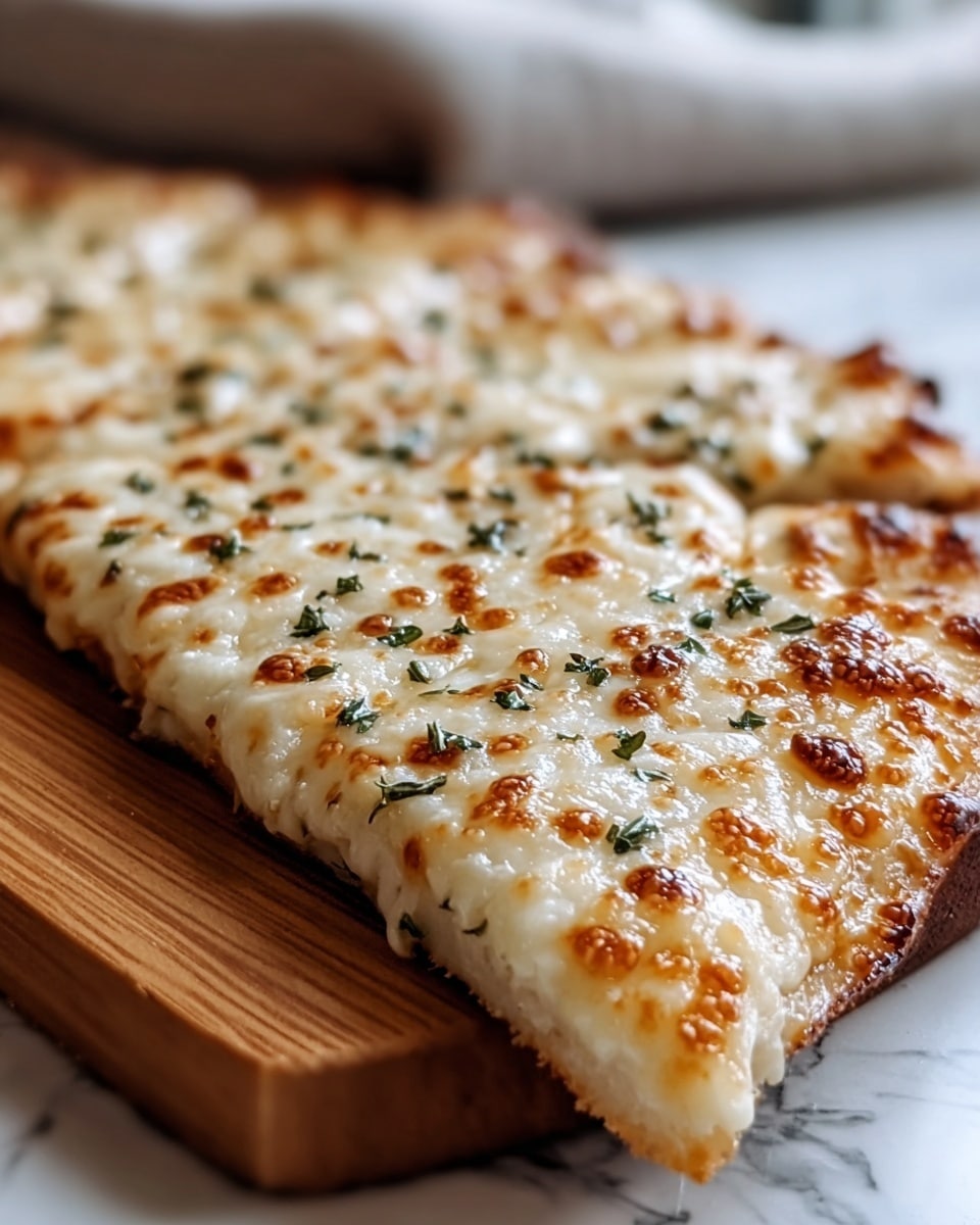 A close-up of a cheesy flatbread cut into long triangular slices, spread with a golden-brown bubbly layer of melted cheese on top, sprinkled with small green herb leaves, all placed on a wooden board with a white marbled surface in the background. The cheese layer shows some toasted, darker brown spots, giving it a crispy texture with a soft melted inside. The flatbread crust is thin and light golden underneath the cheese. Photo taken with an iphone --ar 4:5 --v 7