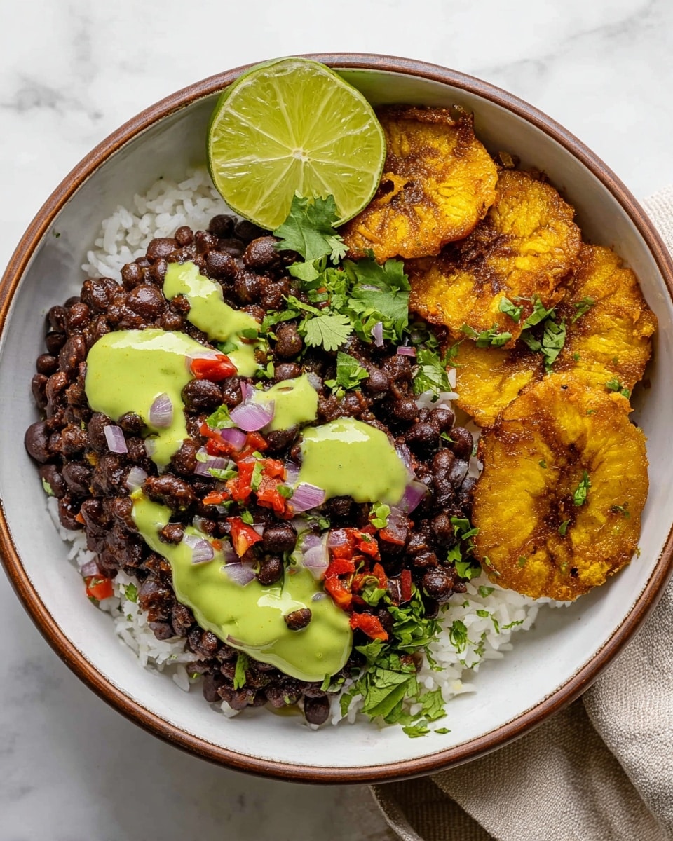 A bowl with three main layers starting at the bottom with plain white rice, topped with a layer of cooked black beans that are dark and textured with small diced red and purple onions and bits of red bell pepper scattered over them. On one side of the bowl, there are several golden fried plantain slices, crispy and slightly browned. Bright green creamy sauce is drizzled over the beans in two wide streaks, adding a smooth texture contrast. A wedge of lime and fresh green cilantro leaves are placed near the plantains for garnish. The bowl is white with a brown rim, placed on a white marbled surface, and a beige cloth is partly visible at the side. photo taken with an iphone --ar 4:5 --v 7