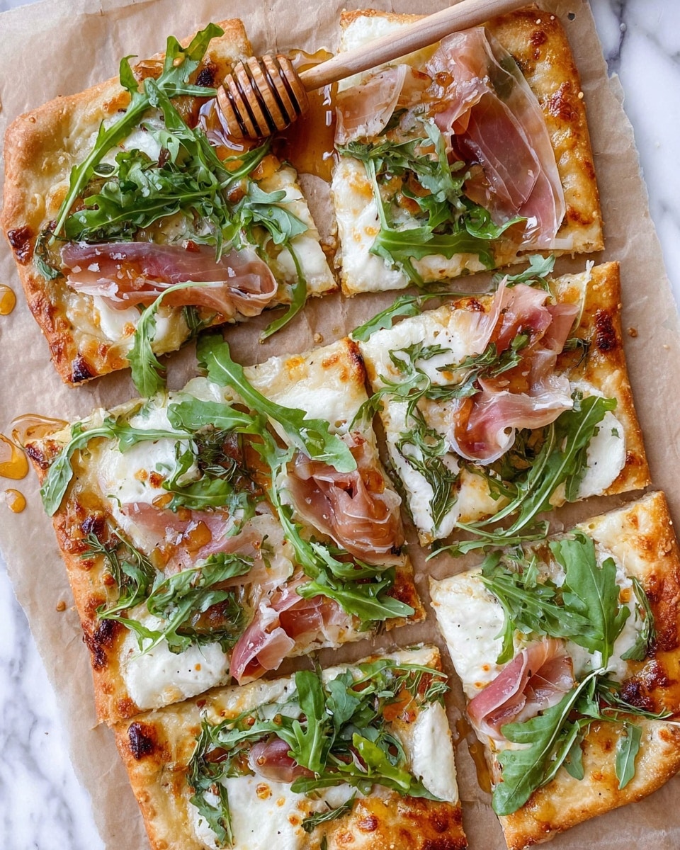 A square pizza cut into eight pieces sits on light brown parchment paper over a white marbled surface, each slice topped with a light golden-brown thin crust layer, melted white cheese with some browned spots, thin slices of light pink prosciutto, fresh green arugula leaves scattered on top, and drizzled with glistening honey pooling slightly in some parts. A wooden honey dipper lies on the upper right slice with honey dripping from it, adding shine and texture to the toppings. Photo taken with an iphone --ar 4:5 --v 7