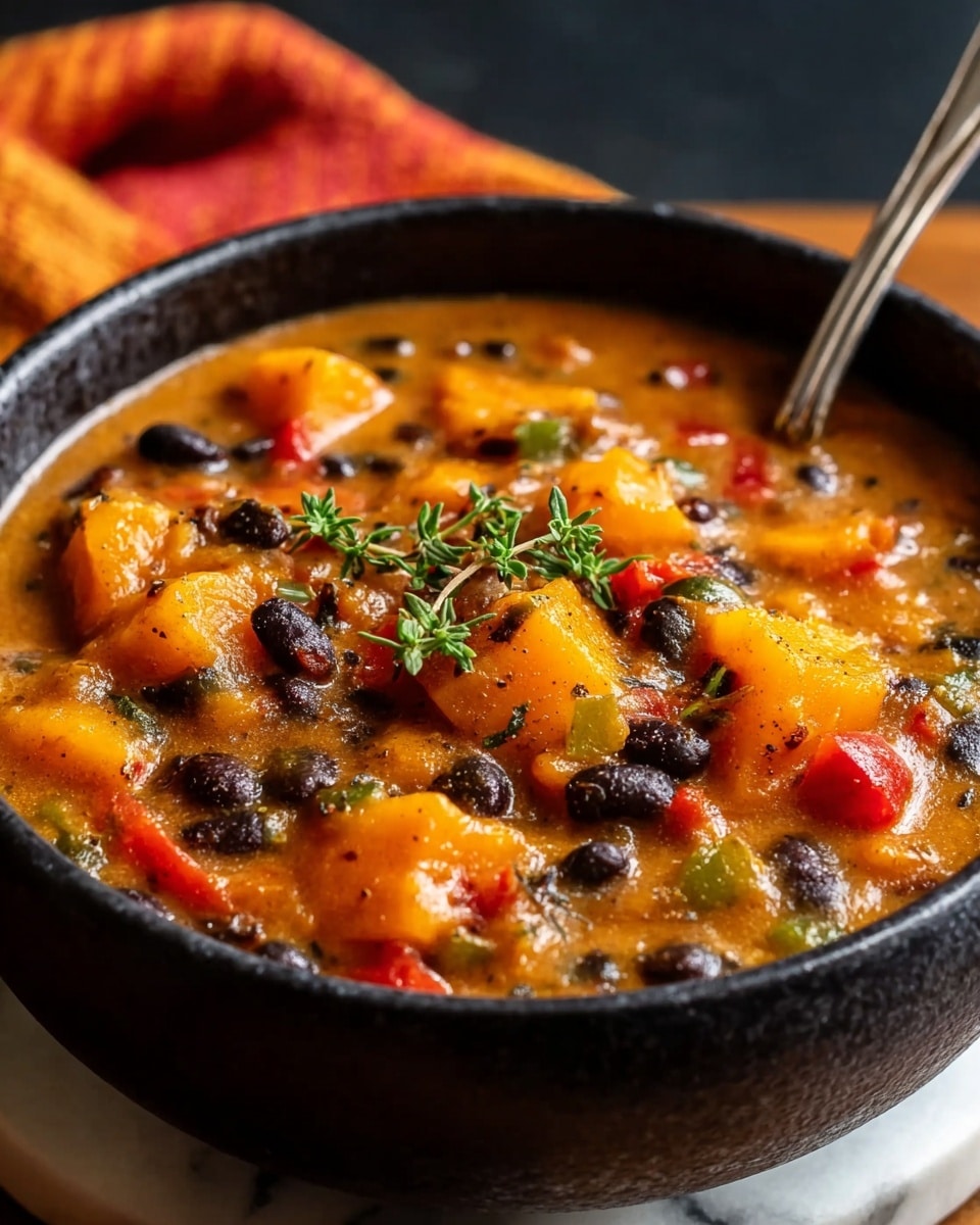 A close-up of a black bowl filled with a thick stew that has a creamy orange-brown base, visible chunks of bright orange butternut squash, black beans, and diced red and green bell peppers. The stew is garnished with sprigs of fresh green thyme on top. A silver spoon is partially submerged in the stew on the right side of the bowl. The bowl sits on a white marbled surface with a blurred orange and red cloth in the background. photo taken with an iphone --ar 4:5 --v 7