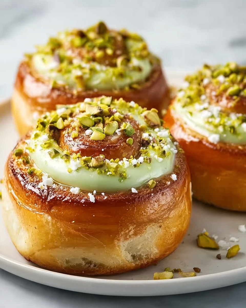 The image shows three shiny, golden-brown pastry rolls on a white plate, set on a white marbled surface. Each roll has two main visible layers: a soft, light brown bread base and a shiny glaze covering it. On top of the rolls, there is a thick pale green cream layer that circles the center. In the center of each roll, there is a mound of chopped green pistachios and small white crumbles, adding a crunchy texture. The rolls look fresh and glossy with a rich, creamy topping and nutty garnish. photo taken with an iphone --ar 4:5 --v 7