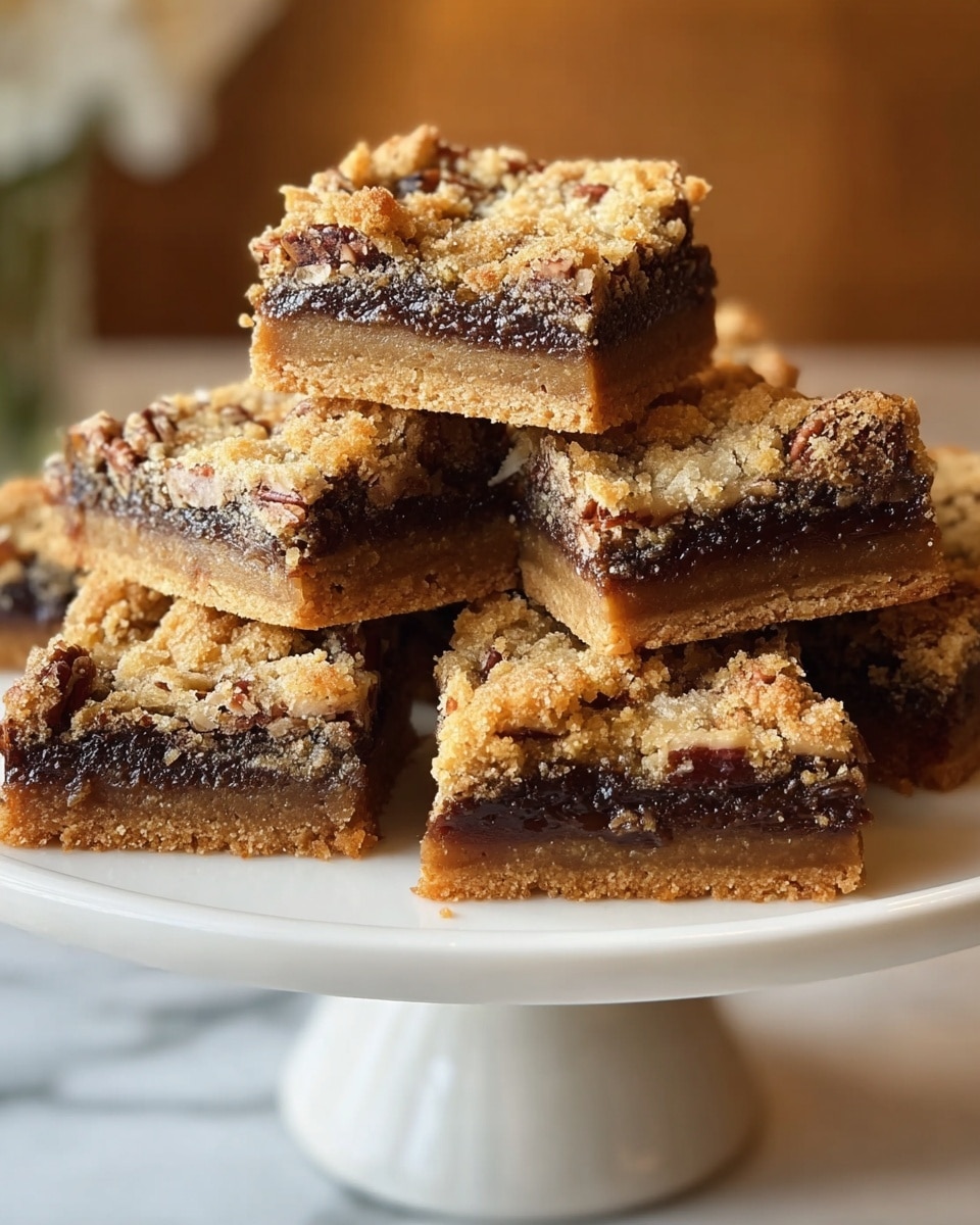 A white cake stand holds a stack of seven square bars, each showing three layers clearly: a firm light brown bottom crust, a thick dark brown middle layer that looks sticky and rich, and a crumbly golden top layer with bits of pecans mixed in, giving a rough texture. The bars are stacked unevenly, creating a slight pyramid shape, with the top bar centered and some bars tilted slightly. The background is softly blurred with warm tones and a white marbled surface below the stand. photo taken with an iphone --ar 4:5 --v 7