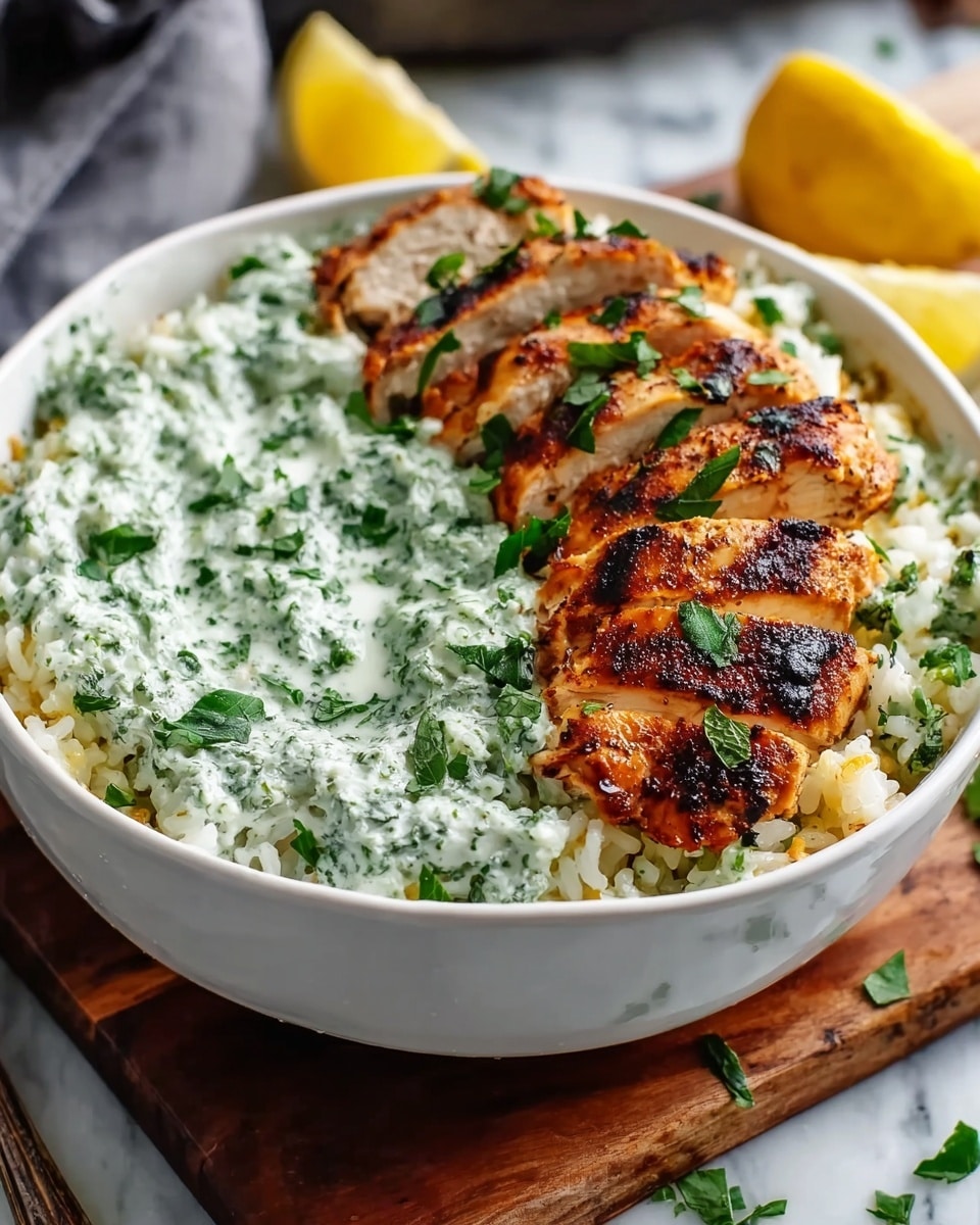 A white bowl filled with creamy rice as the bottom layer, topped with bright green herb sauce spread on one side and juicy grilled chicken slices with golden brown char marks placed neatly on the other side, all sprinkled with fresh chopped herbs. The bowl sits on a wooden board over a white marbled surface, with a few lemon wedges blurred in the background. Photo taken with an iphone --ar 4:5 --v 7