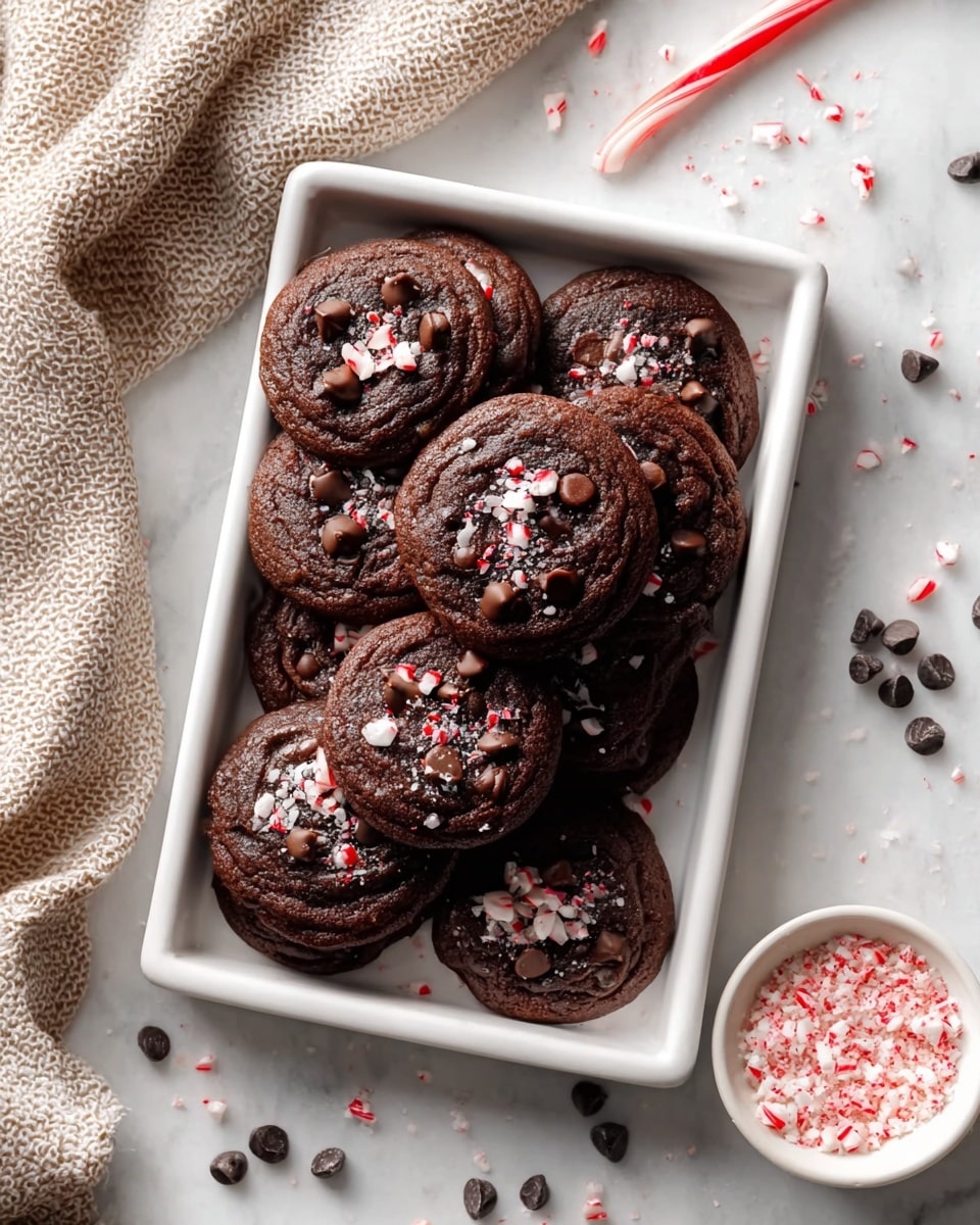 The image shows several rich, dark chocolate cookies stacked closely together on a white plate, each cookie having a cracked texture on the surface with shiny chocolate chips embedded on top. The cookies are topped with small, uneven crushed peppermint pieces, adding white, red, and green specks over the dark brown base. One cookie in the center is bitten, revealing a moist, dense chocolate inside layer contrasting with the slightly crisp outer layer. A red and white striped candy cane lies near the edge of the plate on a white marbled surface. photo taken with an iphone --ar 4:5 --v 7