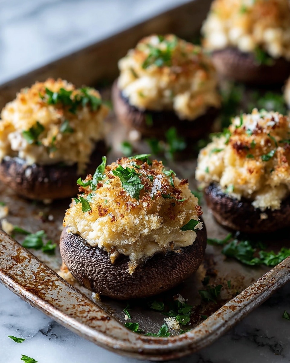 The image shows several stuffed mushrooms placed closely together on a well-used metal tray with a rusty look. Each mushroom has a dark brown, slightly wrinkled base that holds a creamy, light beige filling piled high above the mushroom cap. The filling is topped with a golden-brown crumb crust that is crispy and slightly uneven, with small bits of bright green parsley scattered on top and around the mushrooms. The tray rests on a white marbled surface, adding contrast to the rich colors of the mushrooms and filling. photo taken with an iphone --ar 4:5 --v 7