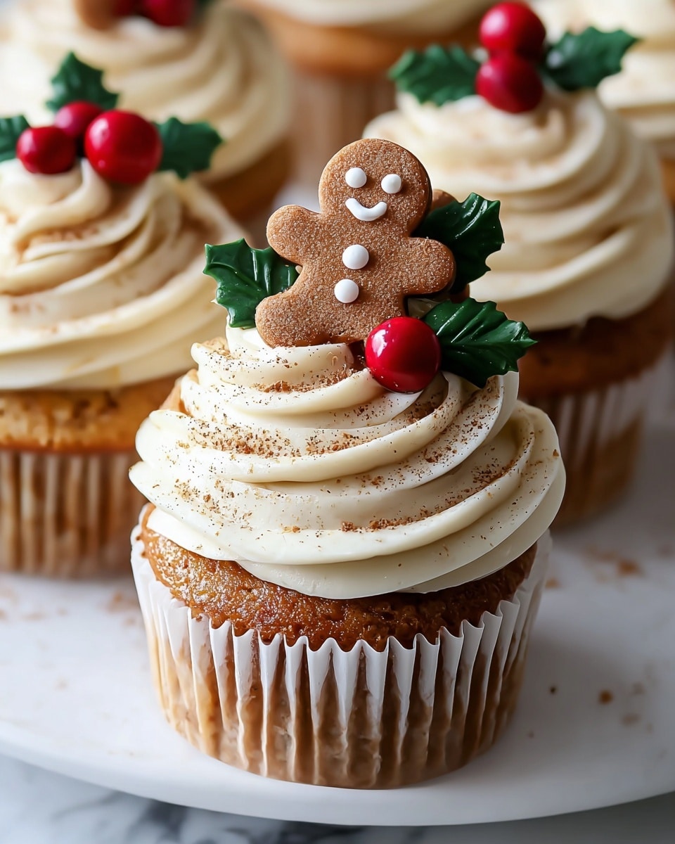 A close-up of a single cupcake with three main layers: the bottom layer is a golden-brown cake inside a white ridged paper liner, the middle layer is a thick swirl of creamy white frosting sprinkled lightly with brown spice powder, and the top layer features a small brown gingerbread man cookie decorated with white icing and a cluster of three bright red berries with glossy green leaves positioned beside it. Surrounding the cupcake are similar decorated cupcakes blurred in the background, all placed on a white plate resting on a white marbled surface. photo taken with an iphone --ar 4:5 --v 7