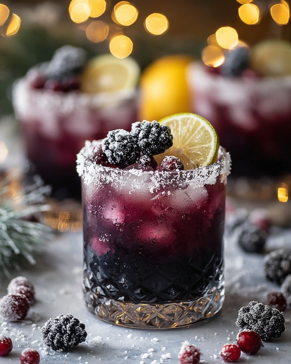 A clear glass with textured bottom holds a dark purple drink with ice cubes inside, creating a gradient from deep blackish purple at the bottom to a lighter purple near the top. The rim of the glass is coated with white sugar crystals. On top, there are two frosted blackberries, a slice of yellow lemon, and several small red berries as garnish. Around the glass, more frosted blackberries and red berries are scattered on a white marbled surface dusted lightly with powdered sugar. In the blurred background, two similar glasses with the same drink and garnishes can be seen, with warm glowing lights adding a cozy atmosphere. Photo taken with an iphone --ar 4:5 --v 7