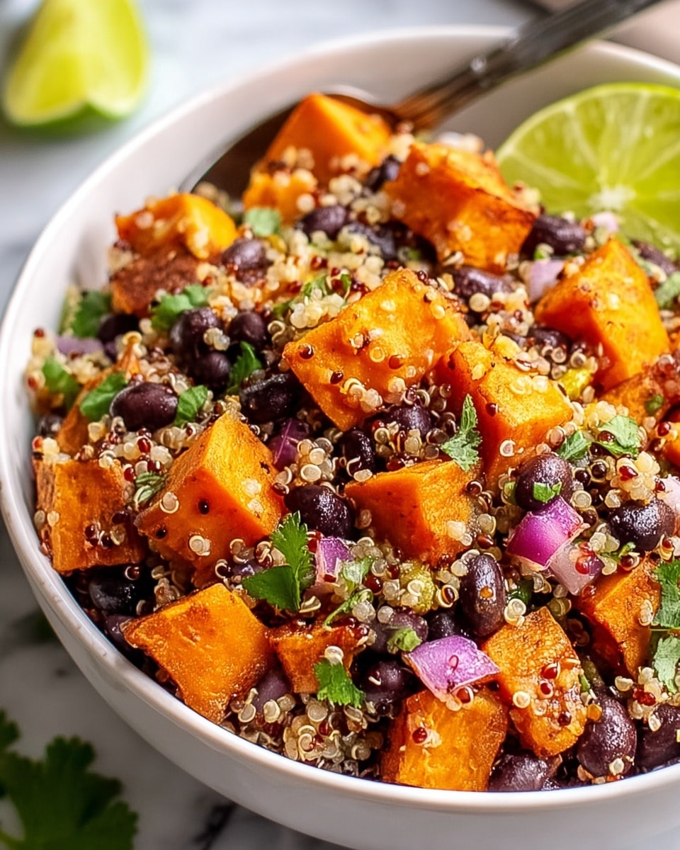 A close-up view of a white bowl filled with a colorful quinoa salad. The base layer is light beige and red quinoa, soft and slightly fluffy with visible grain texture. Mixed evenly throughout are medium-sized bright orange roasted sweet potato cubes with a slightly crispy surface and some grill marks. Scattered black beans add a dark purple-black contrast, smooth and shiny. Small pieces of purple-red diced onion and green cilantro leaves are sprinkled on top, adding more color and freshness. A quarter lime slice with bright green skin and juicy light green flesh rests on the edge of the bowl. The bowl sits on a white marbled surface, with a silver spoon partially visible behind the salad. photo taken with an iphone --ar 4:5 --v 7