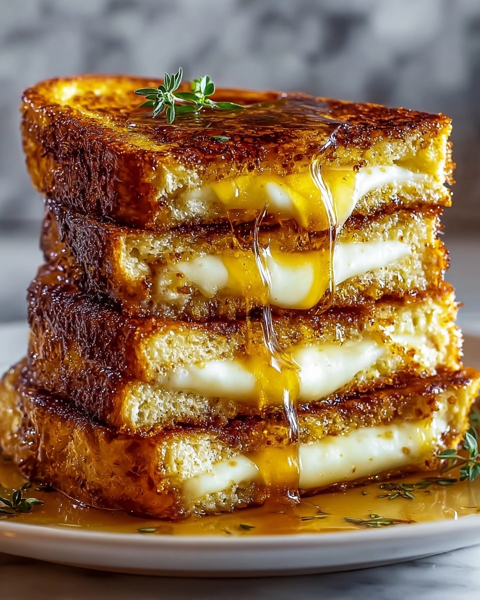 A close-up view of a stack of four thick grilled cheese sandwiches, each layer showing a golden-brown crispy crust with specks of seasoning and melted white cheese oozing slightly from between the slices. The top slice is glossy from a thick drizzle of honey flowing down the sides, pooling on the white plate beneath. Two small green sprigs of herbs garnish the top, adding a fresh contrast to the warm tones of the sandwich. The scene is set on a white marbled surface, emphasizing the rich textures and colors of the dish. photo taken with an iphone --ar 4:5 --v 7