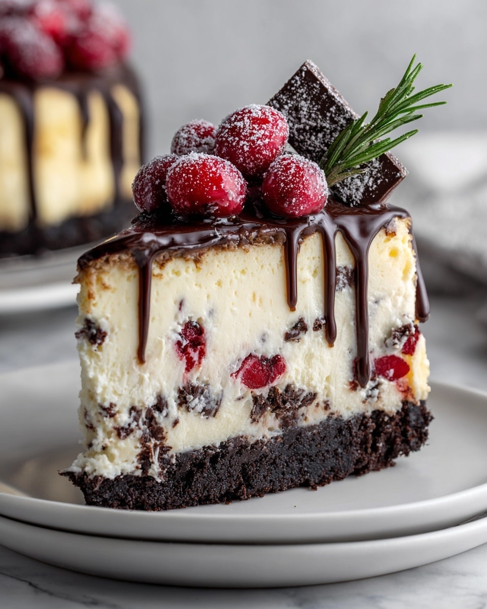 A slice of cheesecake with three main layers is shown on a white plate against a white marbled texture. The bottom layer is a dark brown, crumbly chocolate crust. The middle layer is thick, creamy white cheesecake with visible embedded red berries and dark chocolate chunks scattered inside. The top layer is a smooth, light cream-colored glaze with thin dark chocolate drips running down the sides. The slice is decorated on top with several sugared red berries, a sprig of green rosemary, and a small square of dark chocolate dusted with powdered sugar. The overall look is rich and fresh. photo taken with an iphone --ar 4:5 --v 7