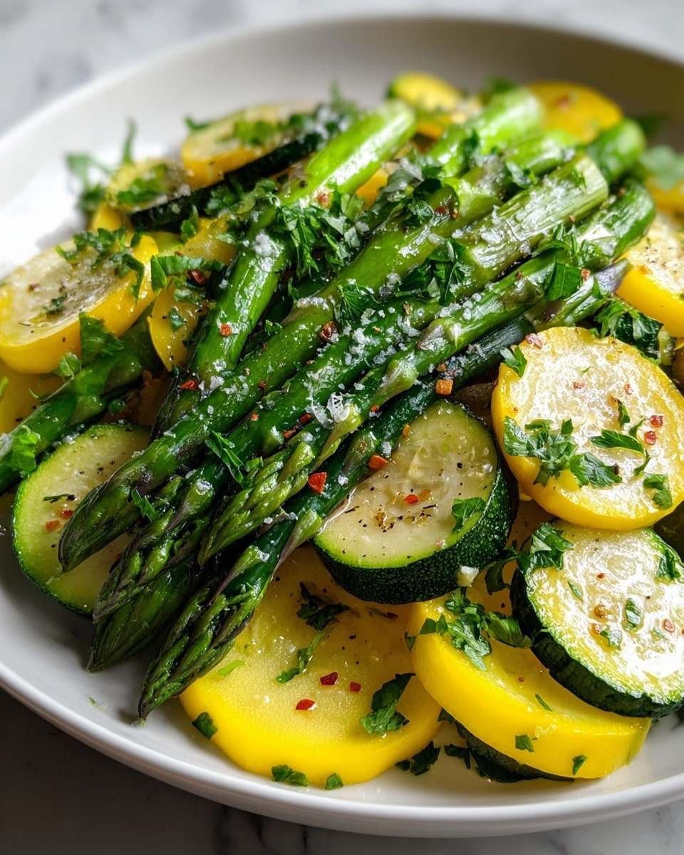 A close-up of a dish with thick, bright green asparagus stalks laid on top of a bed of round zucchini and yellow squash slices, all cooked and slightly glossy. The zucchini slices are dark green with pale centers, while the yellow squash slices are vibrant yellow with a soft, pale inside. The vegetables are sprinkled with flakes of sea salt, black pepper, red chili flakes, and fresh chopped parsley, adding color and texture. The dish is served on a plain white plate, and the background shows a white marbled surface. Photo taken with an iphone --ar 4:5 --v 7