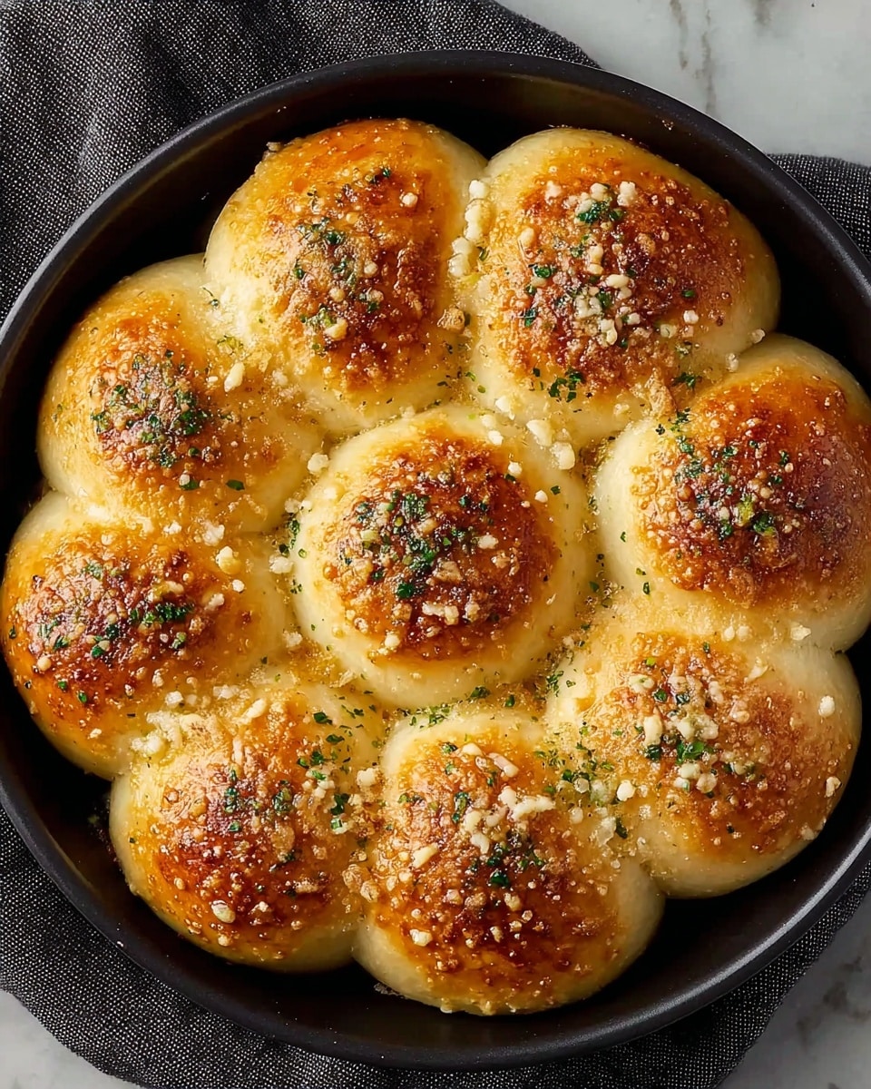 The image shows a round black pan filled with nine golden brown dinner rolls arranged closely in a flower-like pattern. Each roll has a shiny, slightly crispy top sprinkled with grated cheese and small green herb pieces, likely parsley. The rolls have a soft, fluffy texture with a light yellow color on the sides, and the tops are browned unevenly, giving a delicious toasted appearance. The pan is placed on a dark fabric, all set on a white marbled surface. Photo taken with an iphone --ar 4:5 --v 7